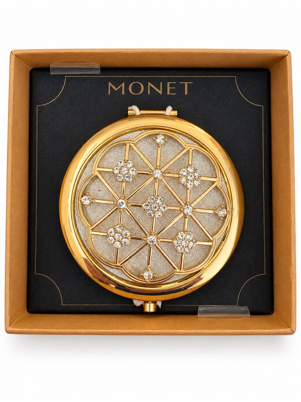 NWT MONET Gold Tone Rhinestone Compact Mirror w/ Original Box